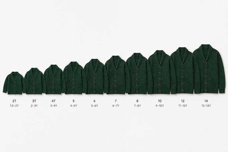 Kids cardigan size range 2T to 14Y — private label manufacturer China