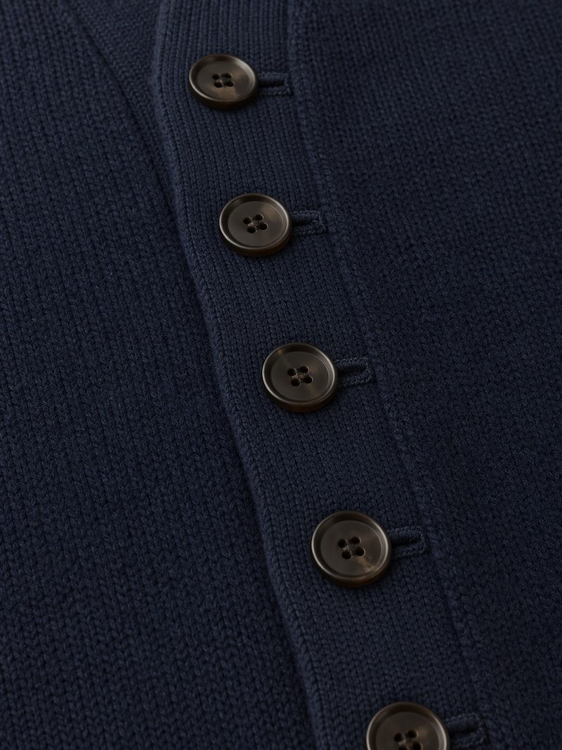 Men's cardigan button band and buttonhole detail — interlined knitwear manufacturer China