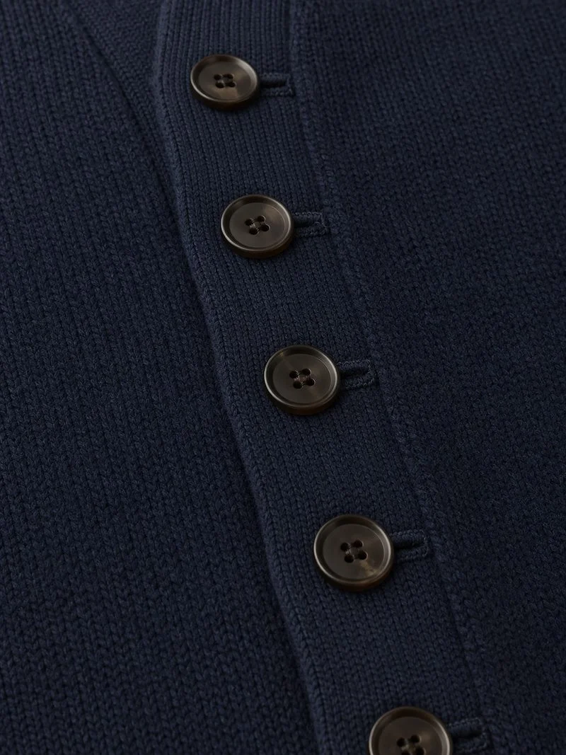 Men's cardigan button band and buttonhole detail — interlined knitwear manufacturer China