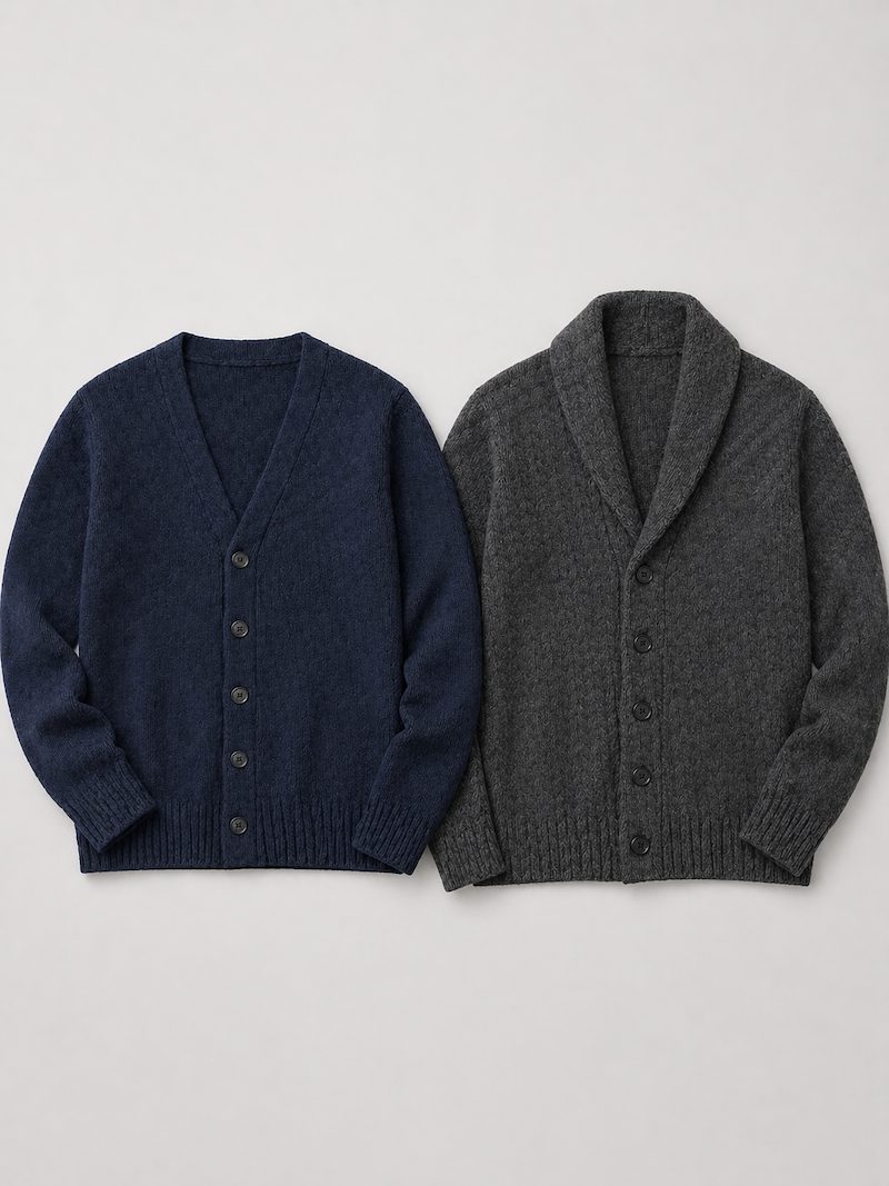 Men's shawl collar cardigan detail — private label manufacturer China