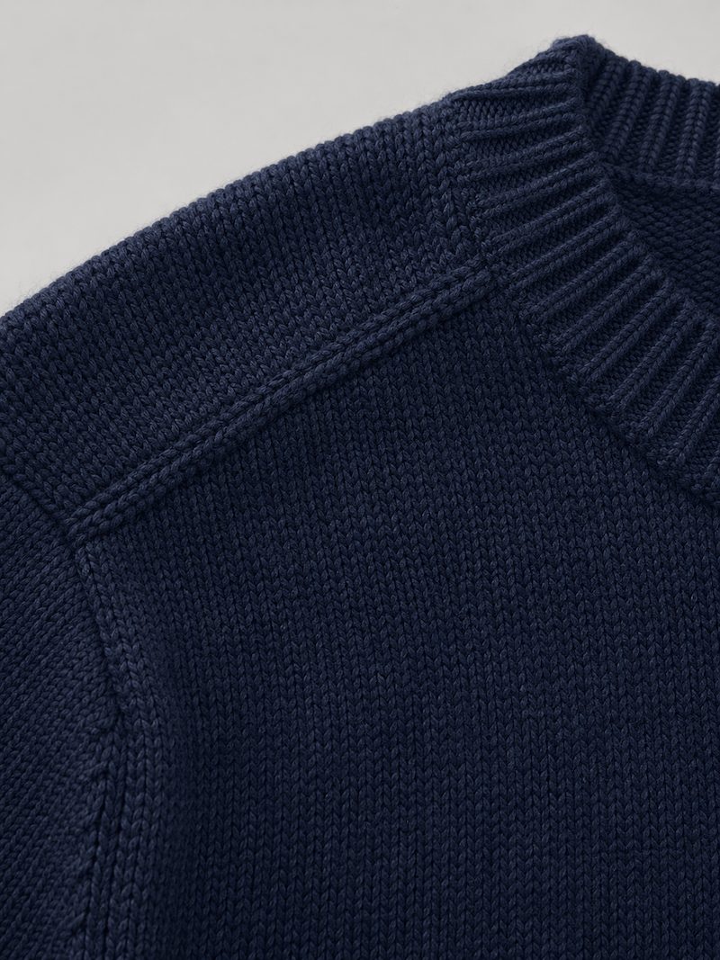 Mid-gauge cotton-blend crewneck detail — set-in shoulder knitwear manufacturer China