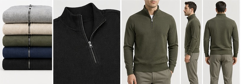 Quarter-zip sweater colourway range — private label manufacturer China