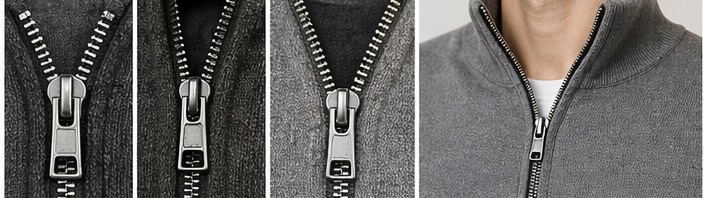 Quarter-zip metal zipper detail with weighted puller — knitwear manufacturer China