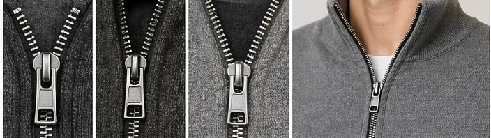 Quarter-zip metal zipper detail with weighted puller — knitwear manufacturer China