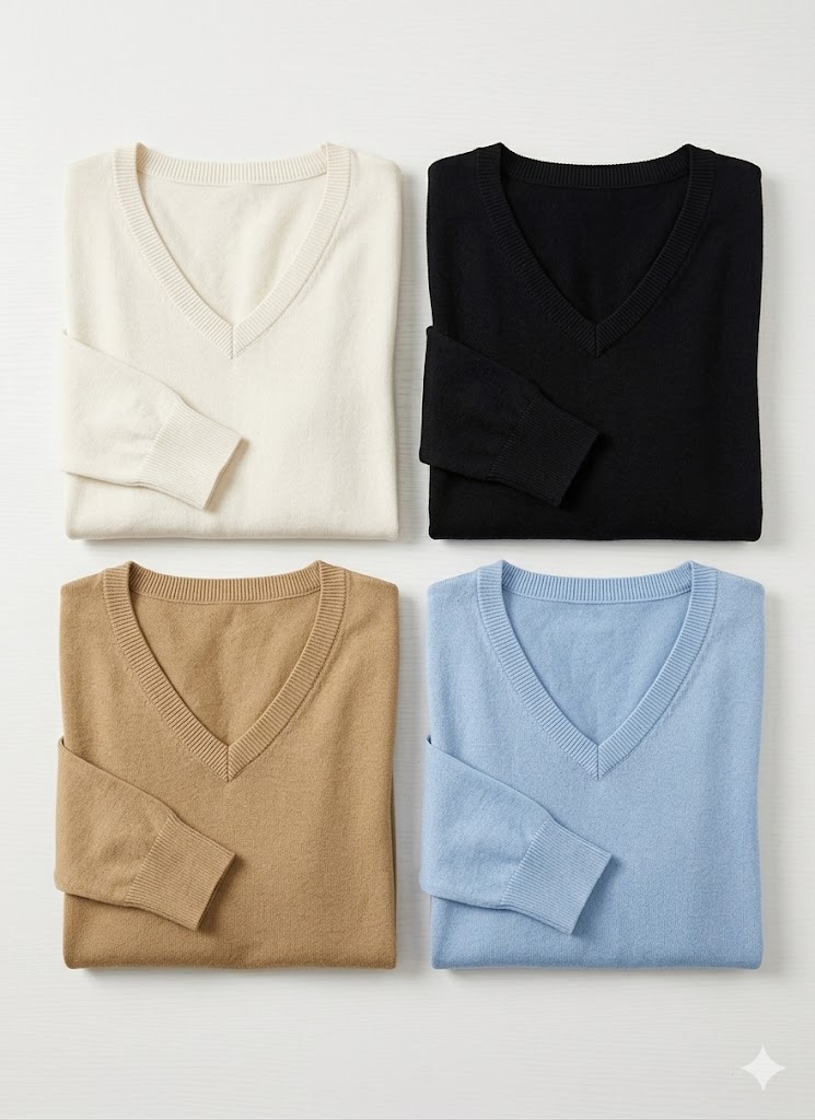 Women's fine gauge 100% cotton sweater flat lay — multiple colourways