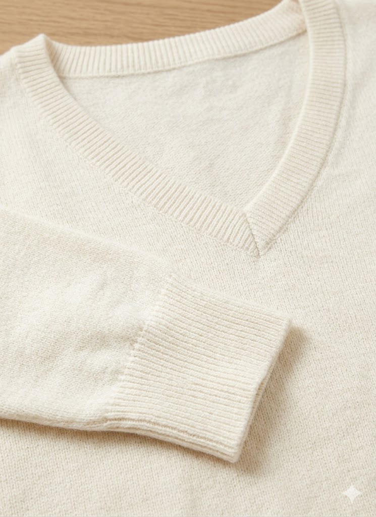 Fine gauge cotton sweater V-neck and rib cuff detail — knitwear manufacturer China