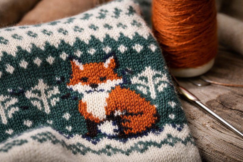 Fox jacquard sweater detail at Lin Sweater Factory in Dalang, Dongguan