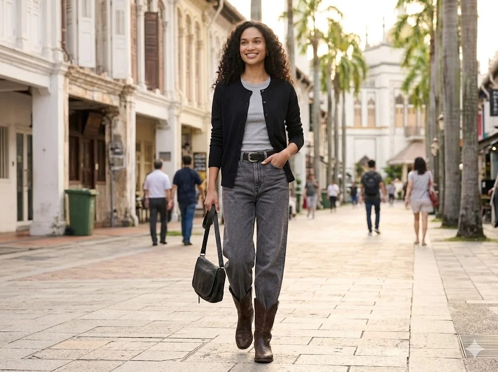 Lightweight cardigan styled with tee and jeans — four season layering