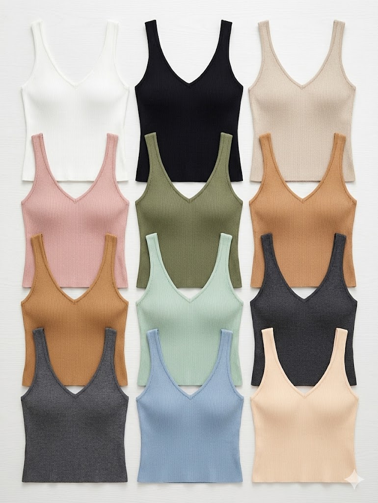 Ribbed knit tank top flat lay — multiple colourway options manufacturer China