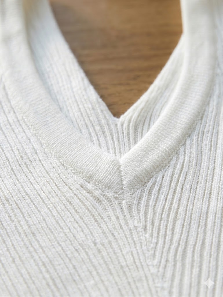 Fine rib knit texture and V-neck binding detail — knitwear manufacturer China