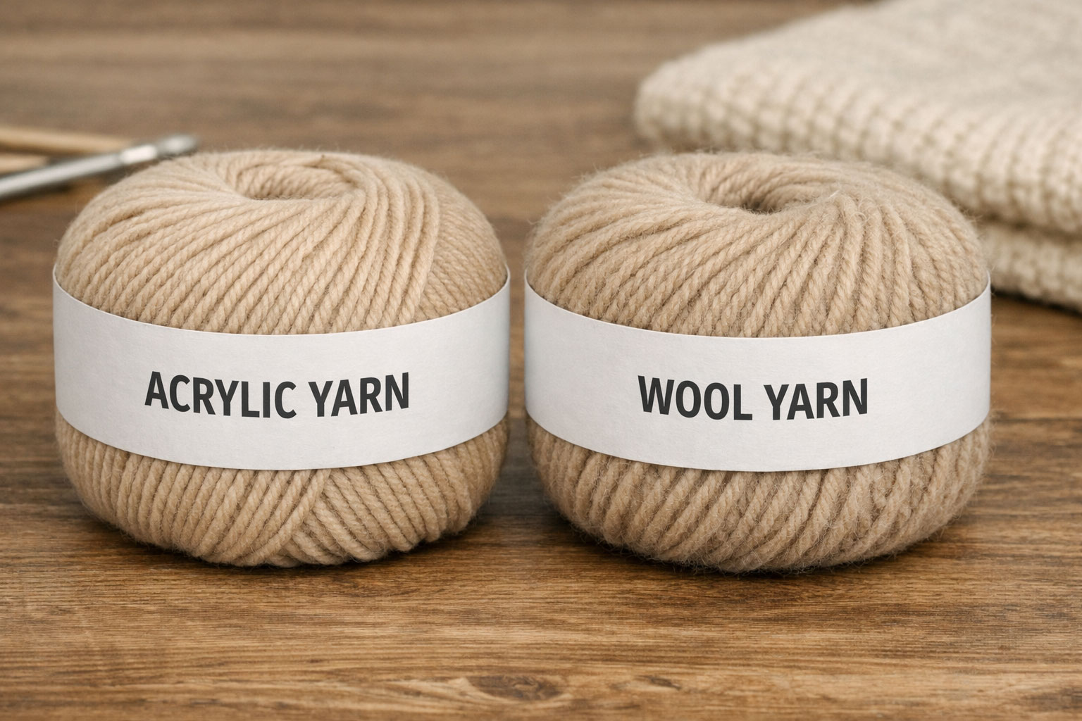 Acrylic yarn vs wool yarn side by side — knitwear material comparison Dalang China