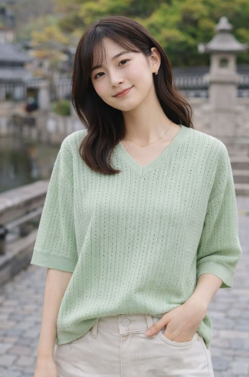 Women's sage green V-neck half-sleeve sweater OEM manufacturer China