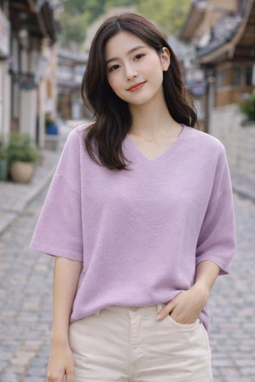 Women's lilac V-neck half-sleeve sweater OEM manufacturer China